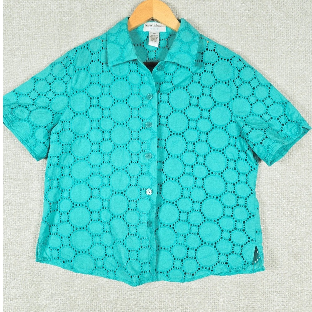 Draper's & Damons Womens Petite Size M Teal Cotton Geometric Eyelet